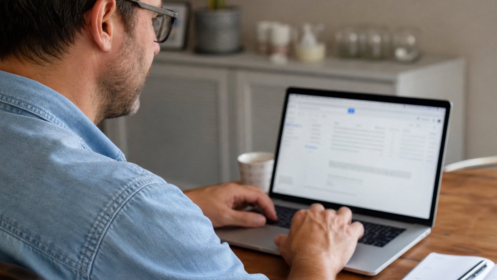 Bénévole rédigeant un message aux adhérents sur son ordinateur portable au local associatif