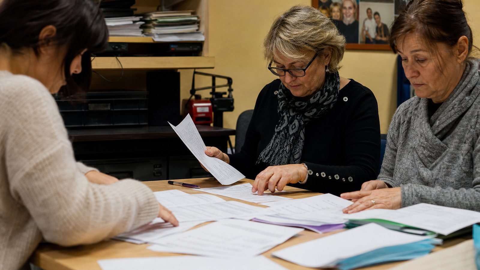 Membres du bureau réunissant les pièces d'un dossier de subvention autour d'une table