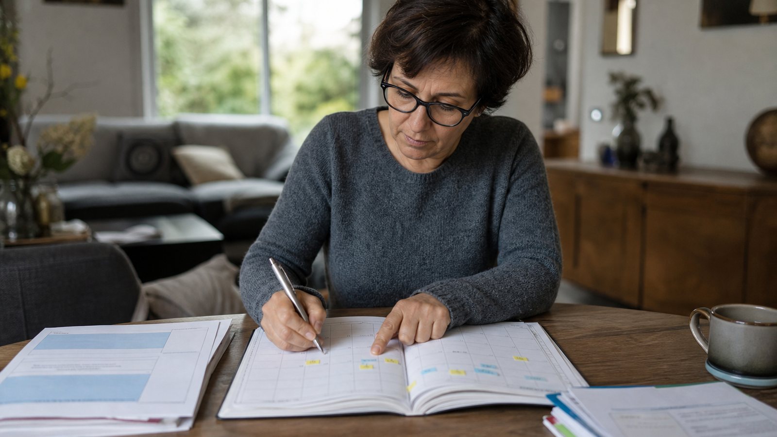 Bénévole planifiant les relances de renouvellement devant un calendrier de fin de saison