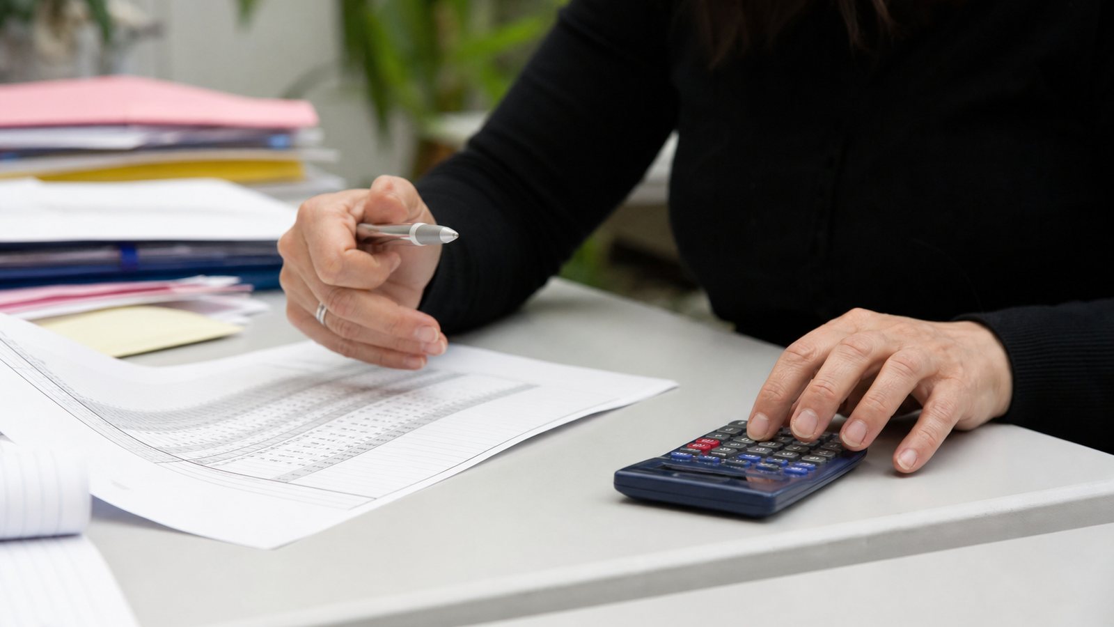 Trésorier bénévole vérifiant les comptes de l'association avec une calculatrice à son bureau